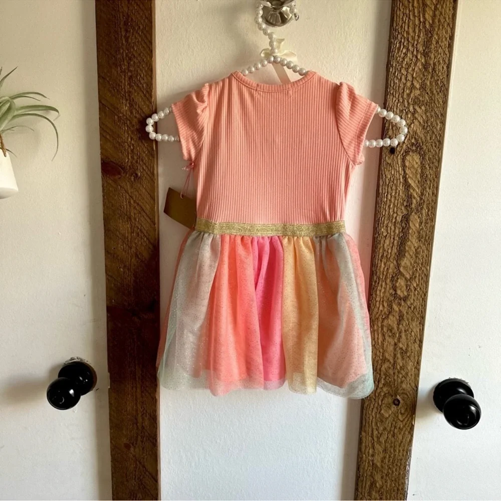 New Young Hearts Toddler Girl Pink Rainbow Tulle Twirl Dress & Hairband